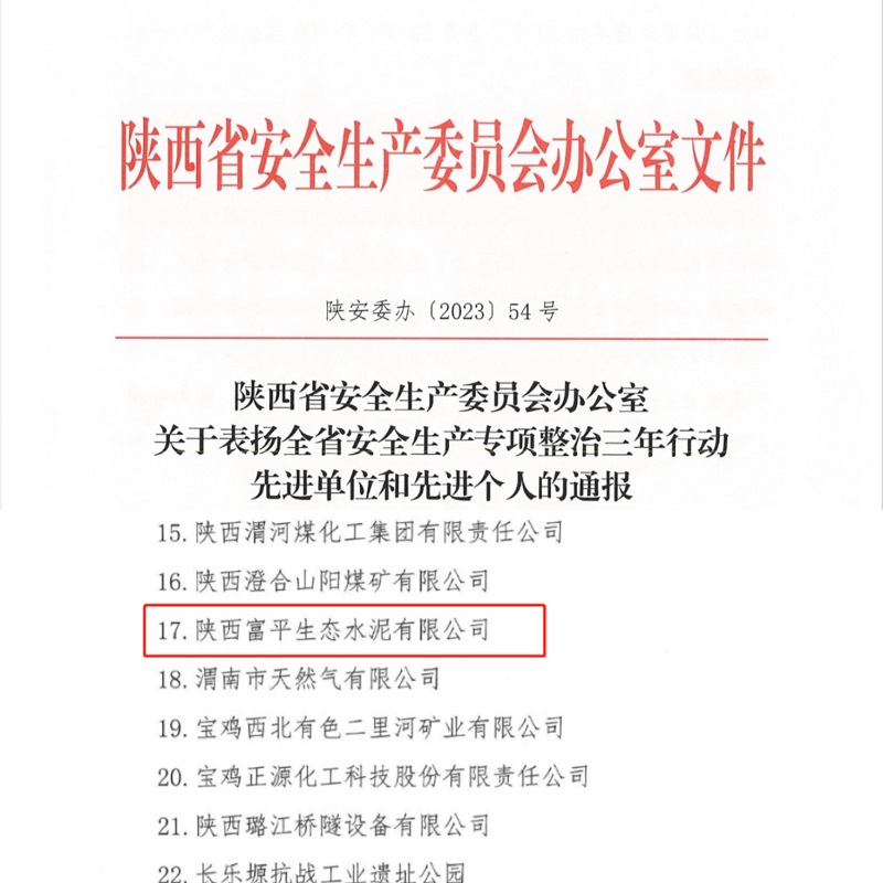 喜報！富平公司榮獲“陜西省安全生產(chǎn)專項整治三年行動先進單位”稱號！